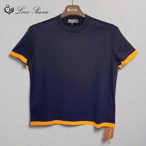 NWT Loro Piana Navy Blue & Neon Trim Women's Cotton Crew Neck T-Shirt MSRP: $775